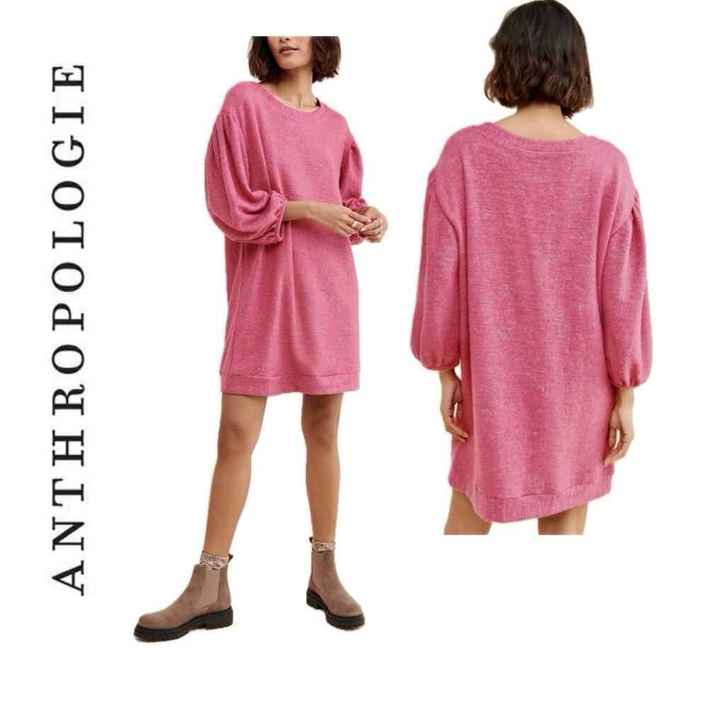 ANTHROPOLOGIE‎ TUNIC DRESS COZY BALLOON SLEEVE Sz M CANDY HEART PINK  BARBIECORE